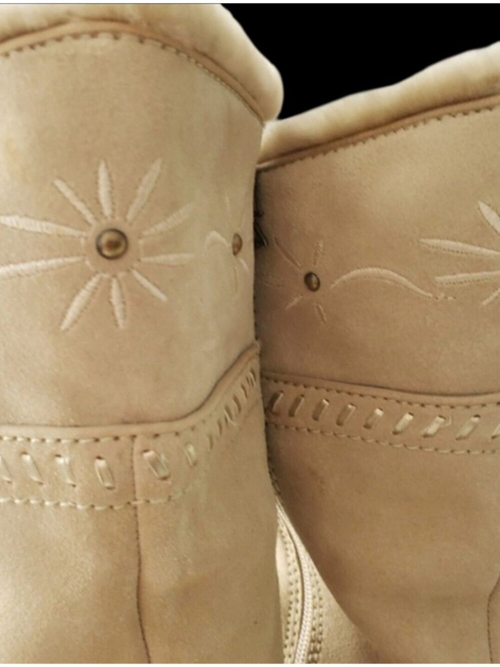 Beige Suede Waterproof Mid-Calf Boots With Embroidered Boho  Detail & Fur Lining - Picture 6 of 16
